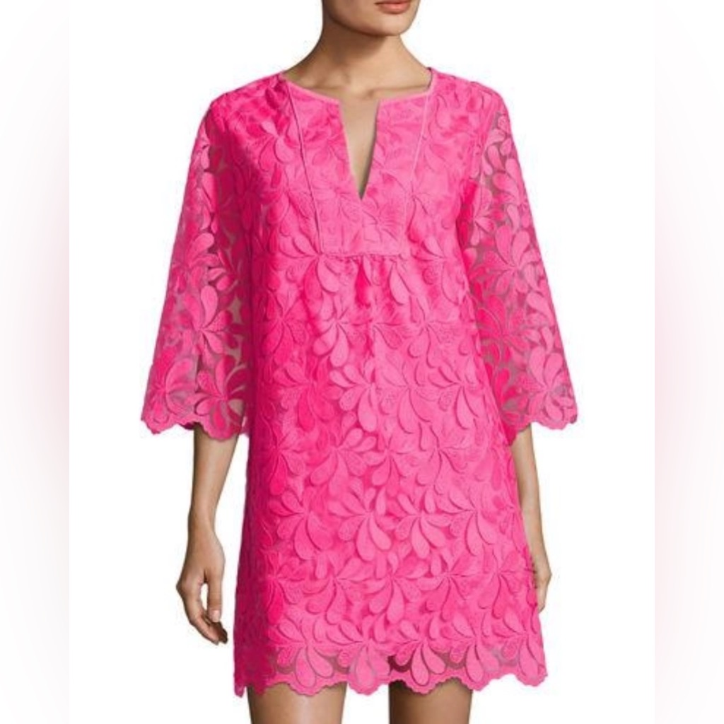 Trina Turk Lilium 3/4-Sleeve Petal Lace Shift Dress In Pink Size 2